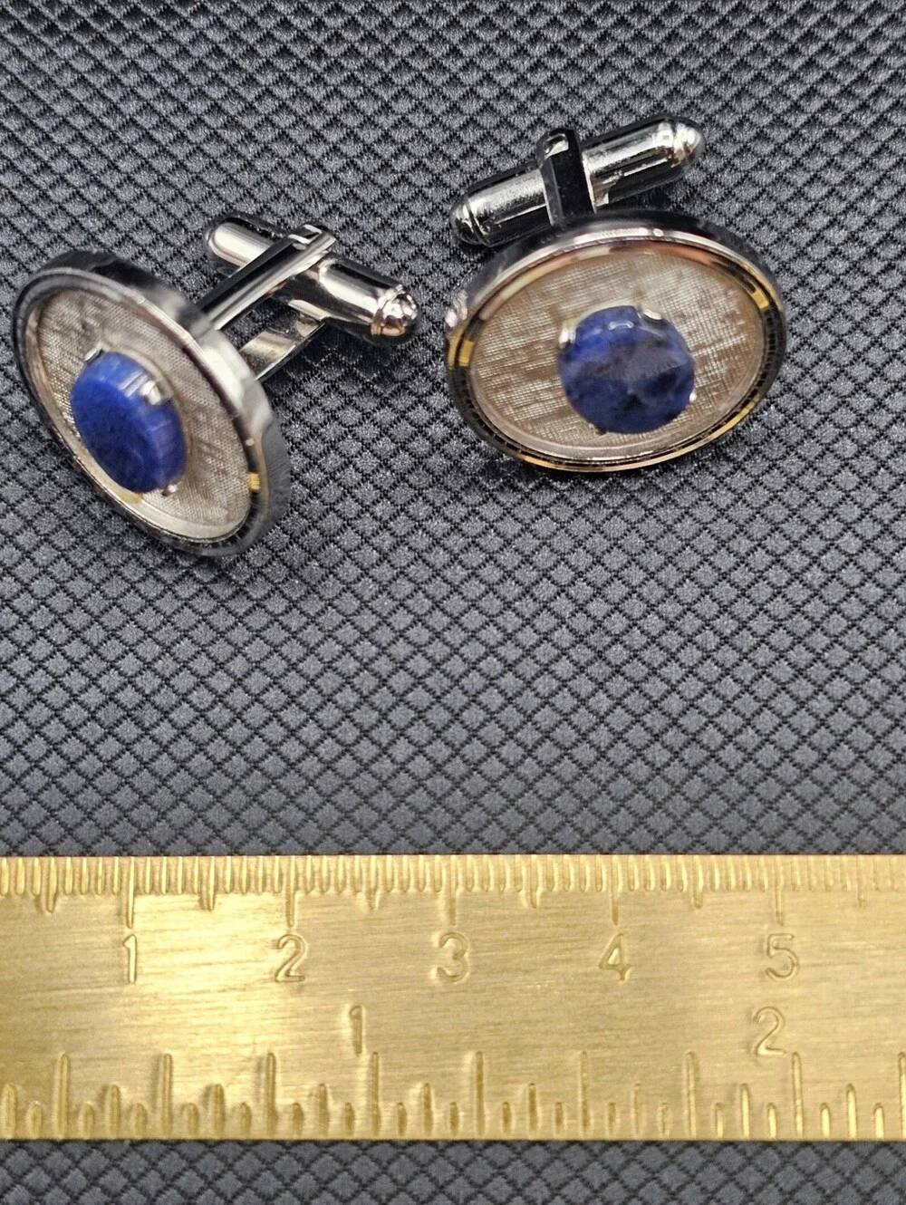 Vintage Silver Tone Cufflinks with Blue Stone Inlay